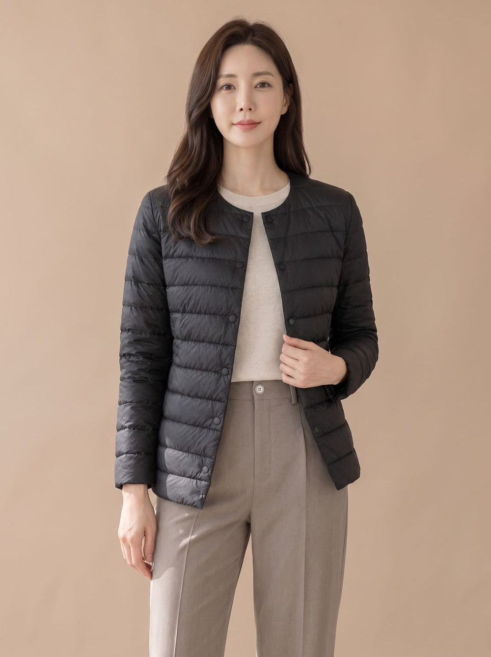 Women's Slim-Fit Collarless Snap-Button Quilted Puffer Jacket