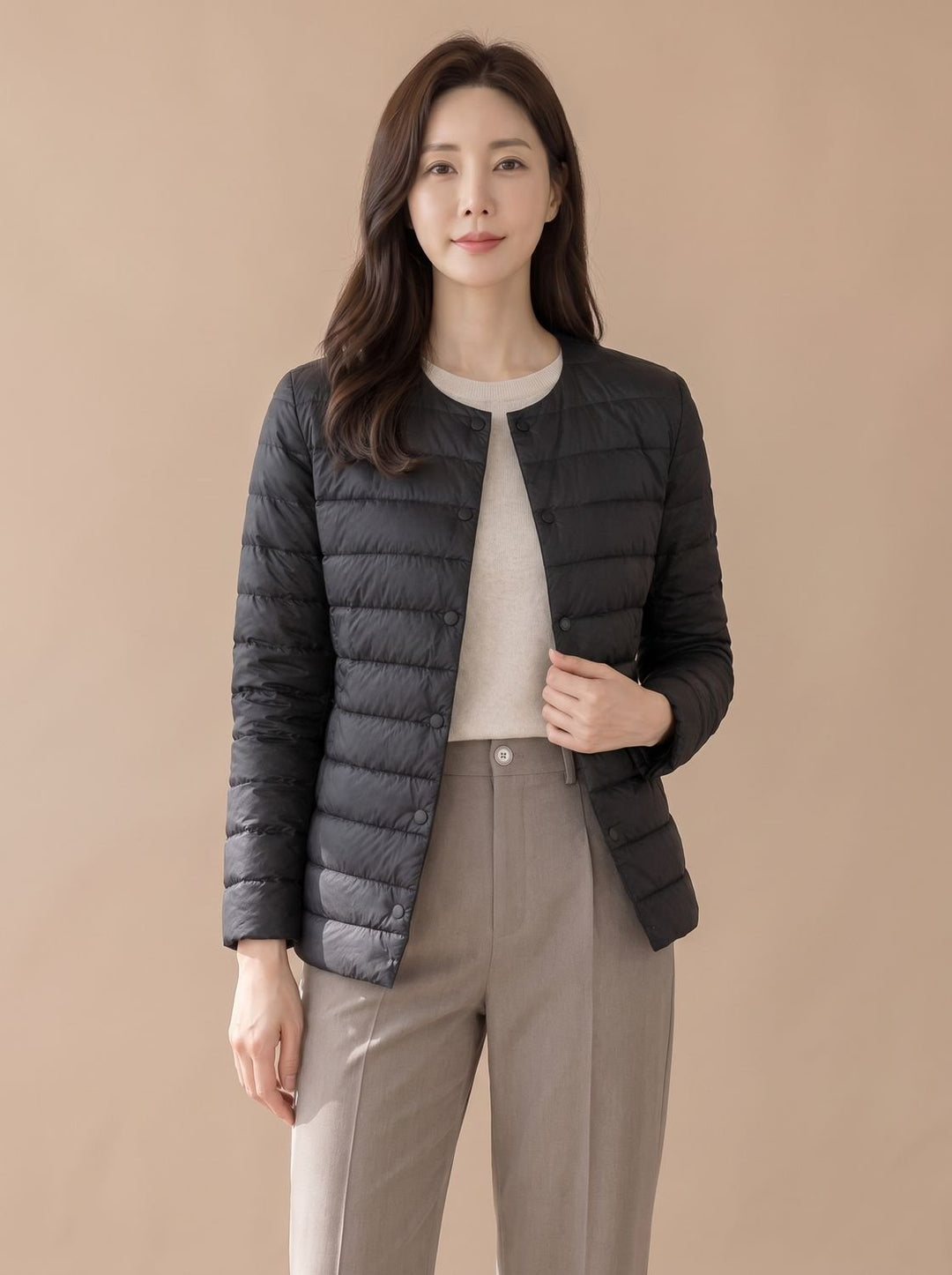 Women's Slim-Fit Collarless Snap-Button Quilted Puffer Jacket