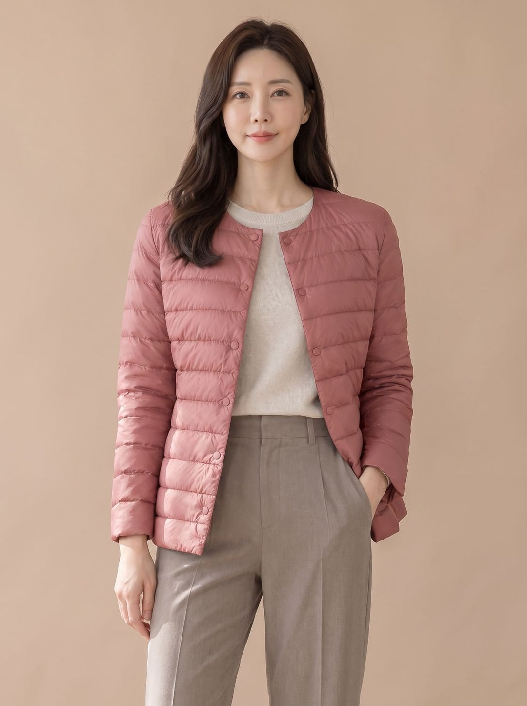 Women's Slim-Fit Collarless Snap-Button Quilted Puffer Jacket - Pink