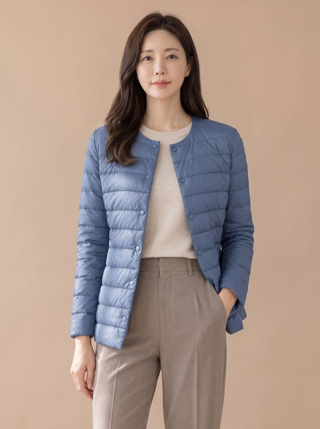 Women's Slim-Fit Collarless Snap-Button Quilted Puffer Jacket - Haze Blue