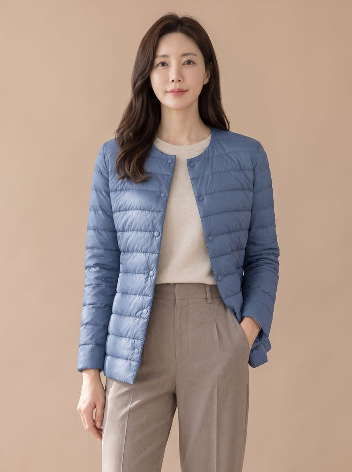 Women's Slim-Fit Collarless Snap-Button Quilted Puffer Jacket - Haze Blue