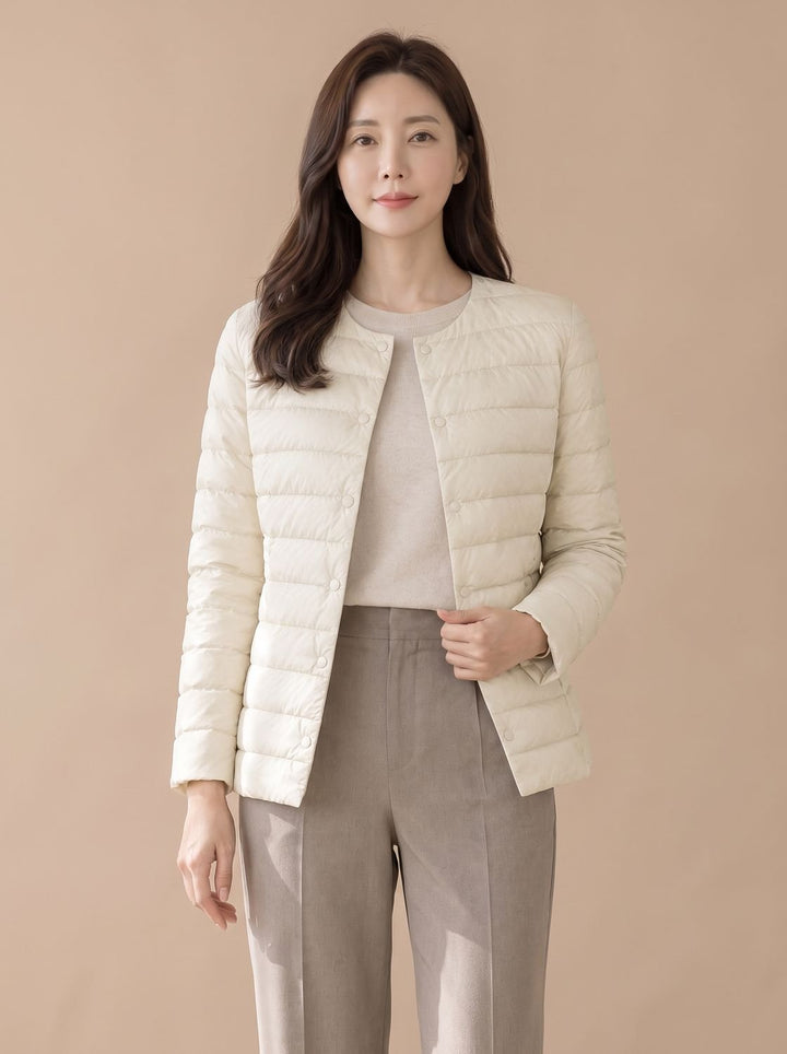 Women's Slim-Fit Collarless Snap-Button Quilted Puffer Jacket - Off White