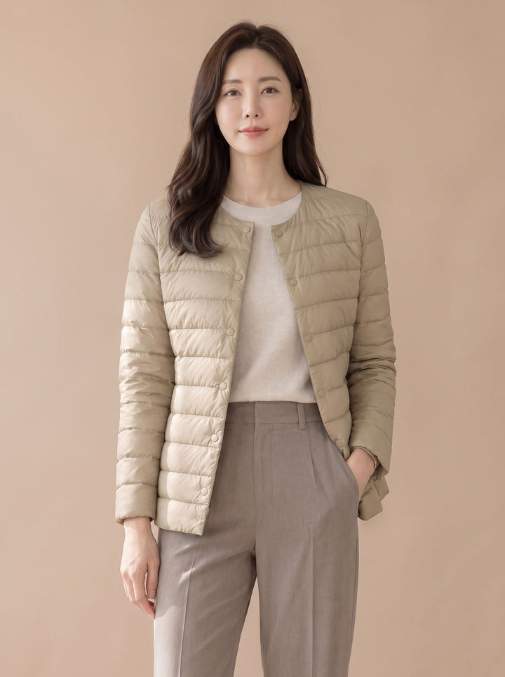Women's Slim-Fit Collarless Snap-Button Quilted Puffer Jacket - Camel