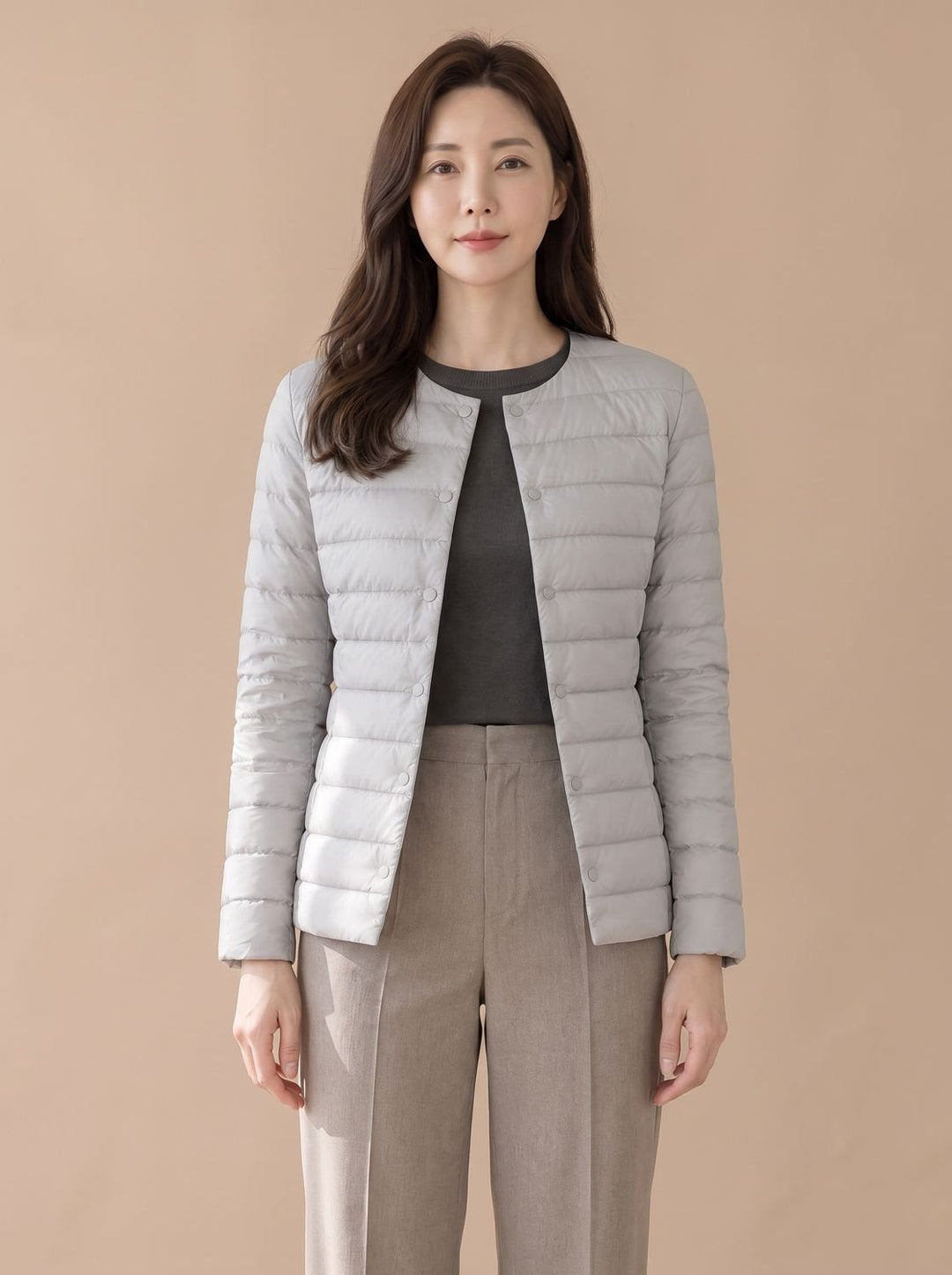 Women's Slim-Fit Collarless Snap-Button Quilted Puffer Jacket - Light Gray