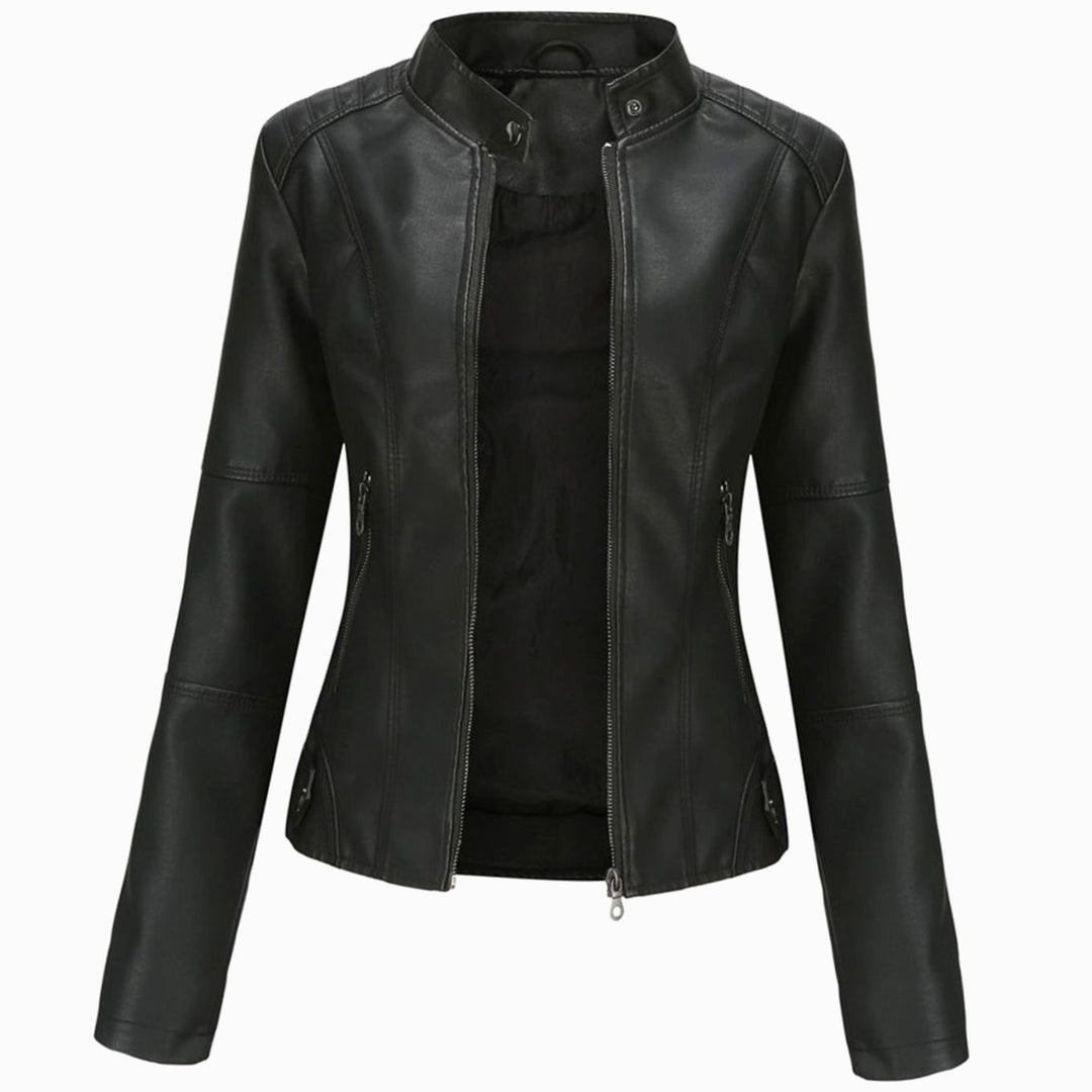 Women's Slim-Fit Faux Leather Biker Jacket Stand Collar - Black