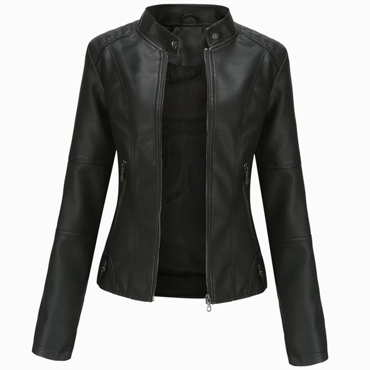 Women's Slim-Fit Faux Leather Biker Jacket Stand Collar - Black