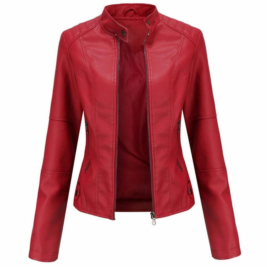 Women's Slim-Fit Faux Leather Biker Jacket Stand Collar - Red