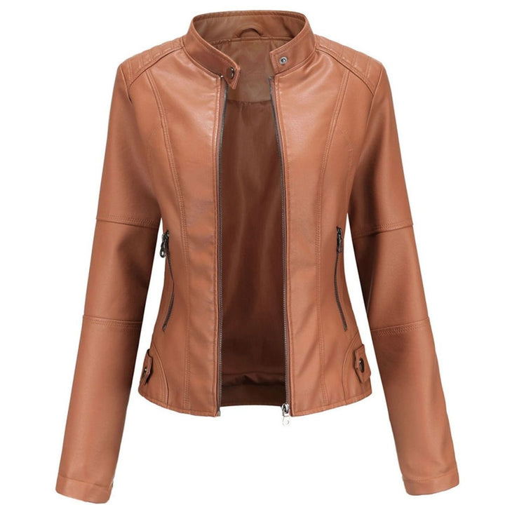 Women's Slim-Fit Faux Leather Biker Jacket Stand Collar - Brown