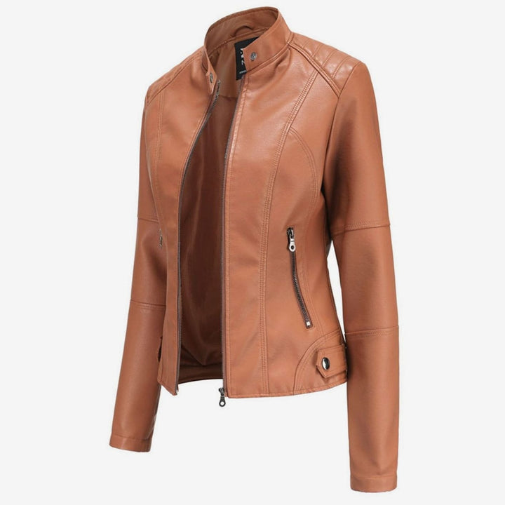 Women's Slim-Fit Faux Leather Biker Jacket Stand Collar