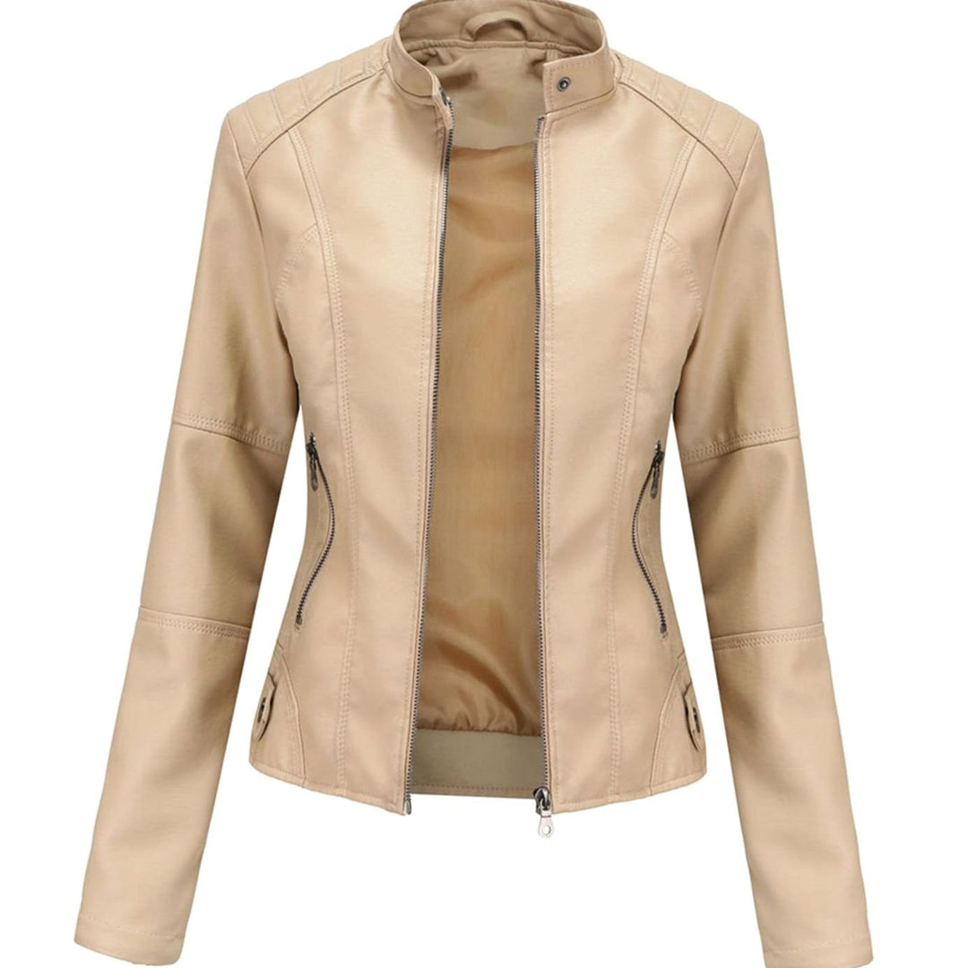 Women's Slim-Fit Faux Leather Biker Jacket Stand Collar - Beige