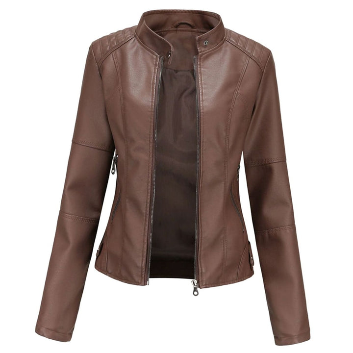 Women's Slim-Fit Faux Leather Biker Jacket Stand Collar - Dark Brown