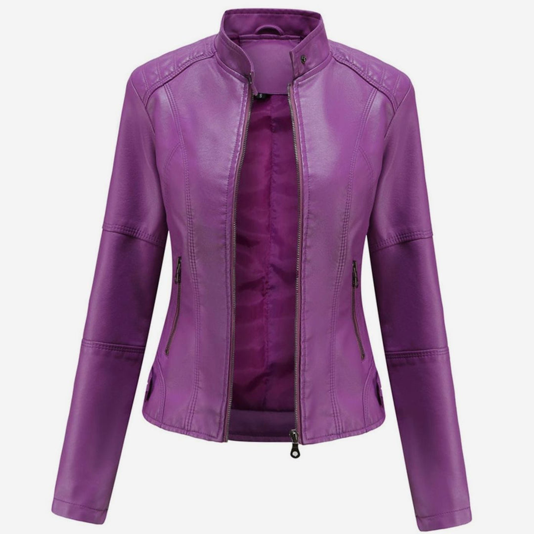 Women's Slim-Fit Faux Leather Biker Jacket Stand Collar - Purple
