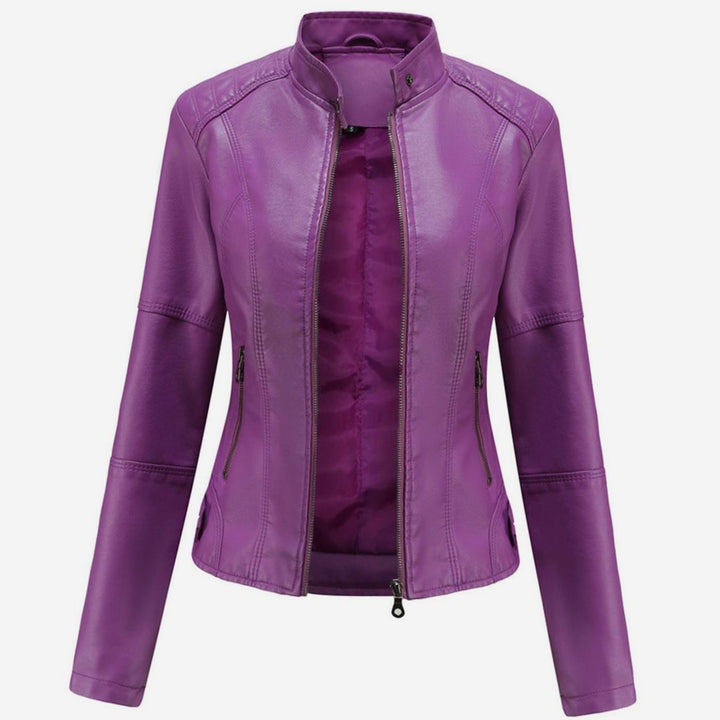 Women's Slim-Fit Faux Leather Biker Jacket Stand Collar - Purple