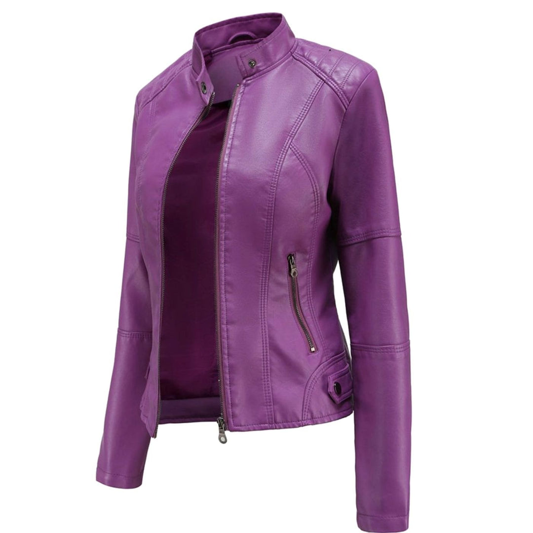 Women's Slim-Fit Faux Leather Biker Jacket Stand Collar