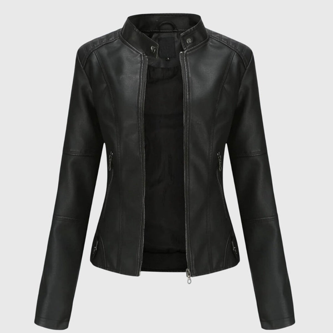 Women's Slim-Fit Faux Leather Moto Coat Stand-Collar Zip-Up Jacket - Black