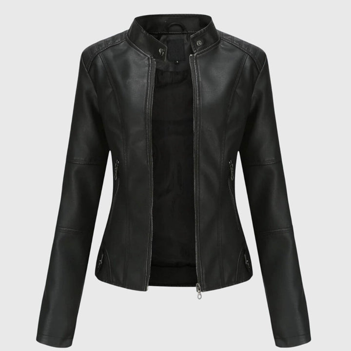 Women's Slim-Fit Faux Leather Moto Coat Stand-Collar Zip-Up Jacket - Black