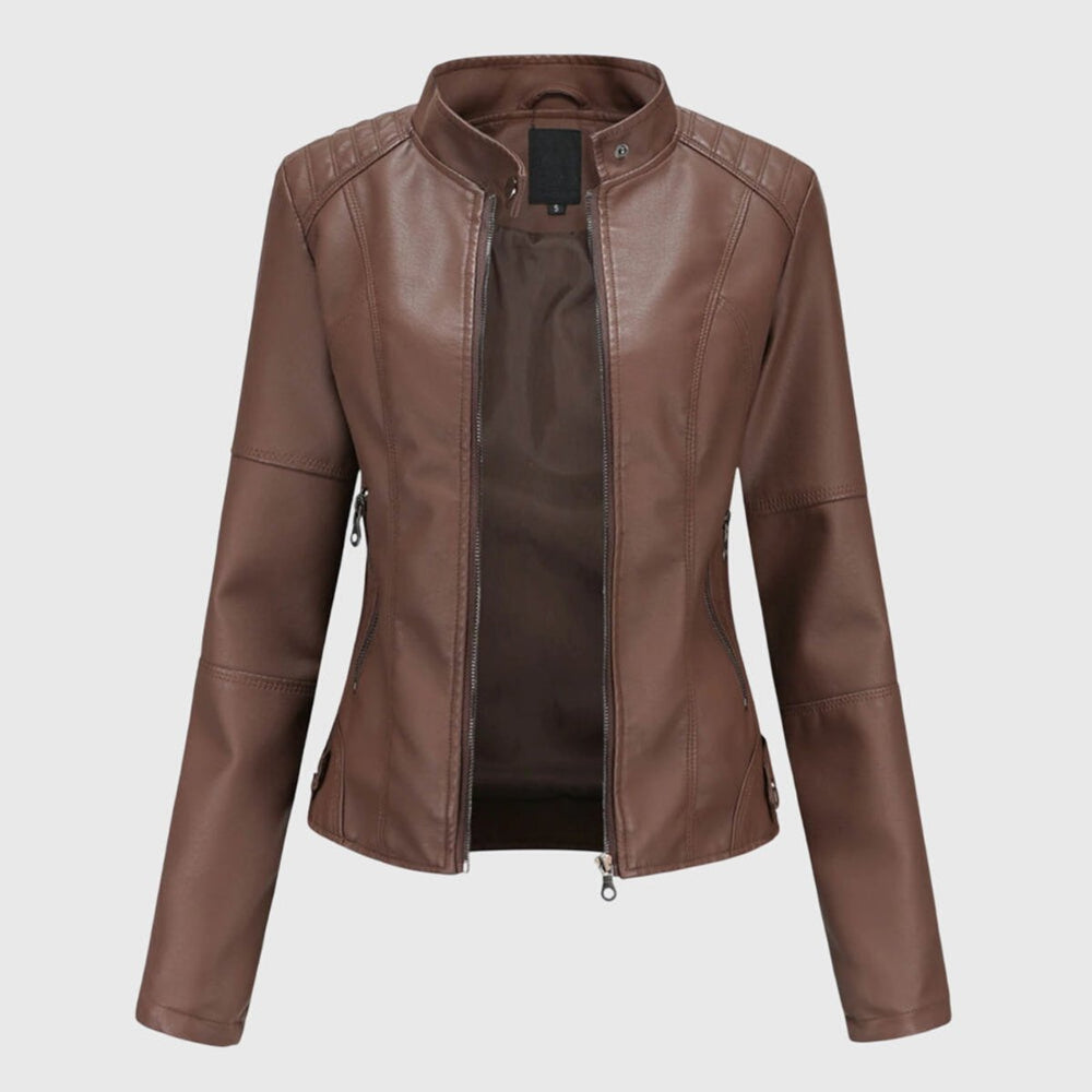Women's Slim-Fit Faux Leather Moto Coat Stand-Collar Zip-Up Jacket - Dark Brown
