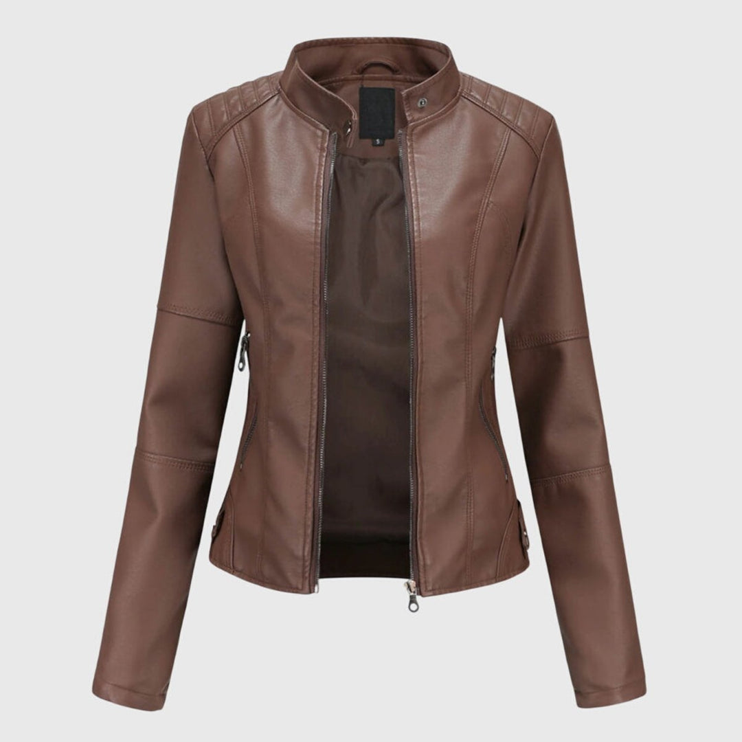 Women's Slim-Fit Faux Leather Moto Coat Stand-Collar Zip-Up Jacket - Dark Brown