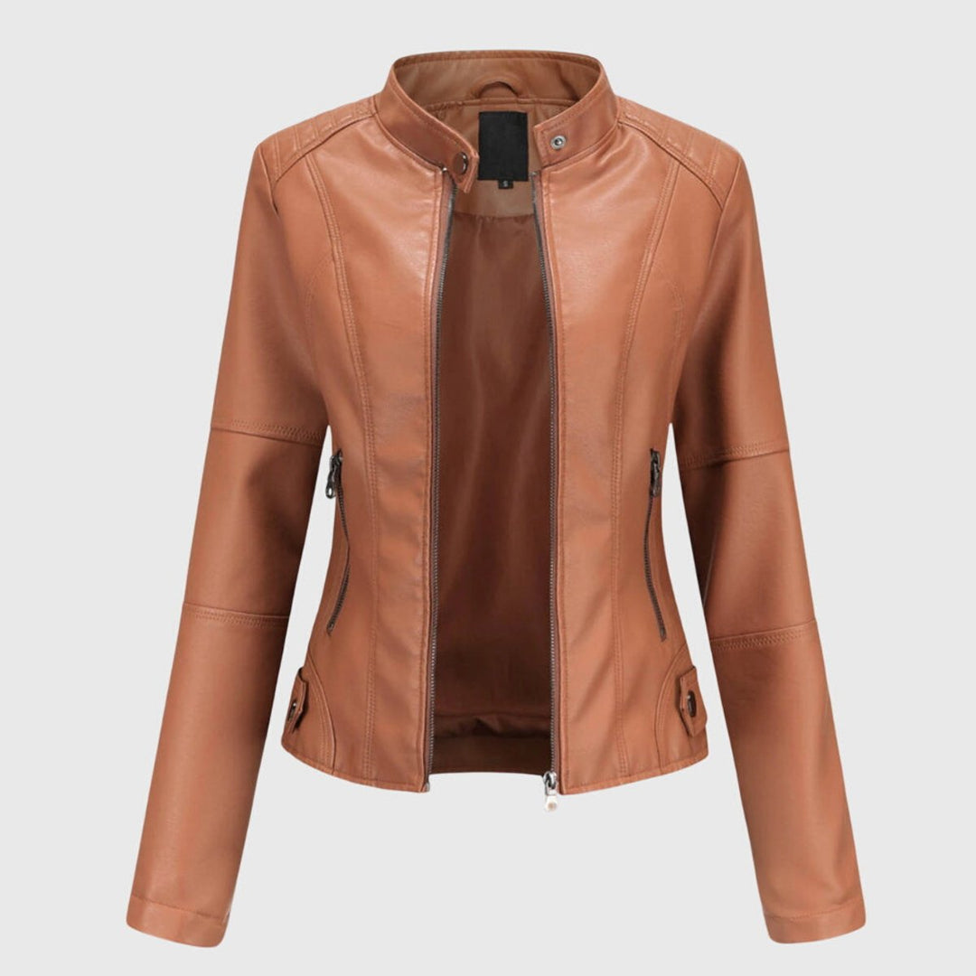 Women's Slim-Fit Faux Leather Moto Coat Stand-Collar Zip-Up Jacket - Light Brown