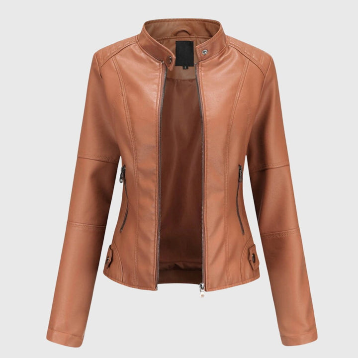 Women's Slim-Fit Faux Leather Moto Coat Stand-Collar Zip-Up Jacket - Light Brown