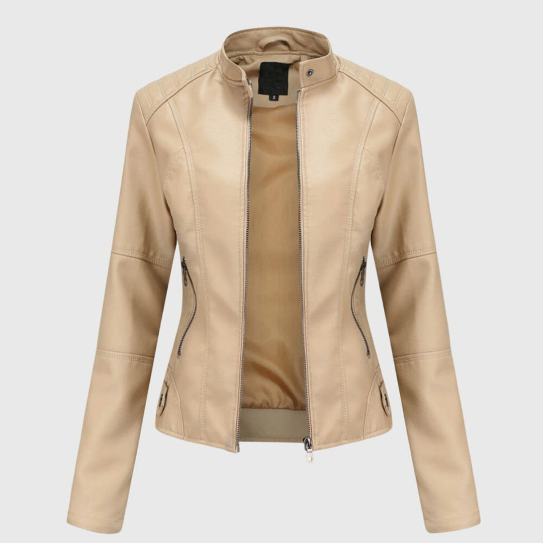 Women's Slim-Fit Faux Leather Moto Coat Stand-Collar Zip-Up Jacket - Beige