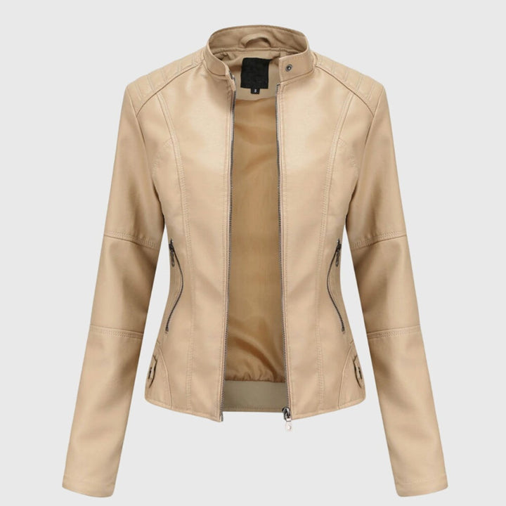 Women's Slim-Fit Faux Leather Moto Coat Stand-Collar Zip-Up Jacket - Beige