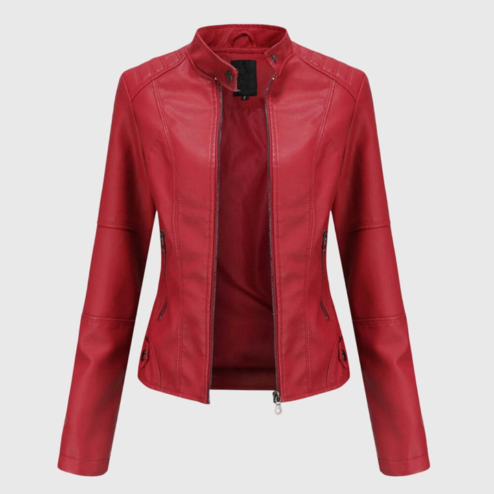 Women's Slim-Fit Faux Leather Moto Coat Stand-Collar Zip-Up Jacket - Red