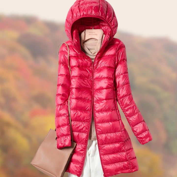 Women's Slim-Fit Hooded Long Puffer Jacket - Red