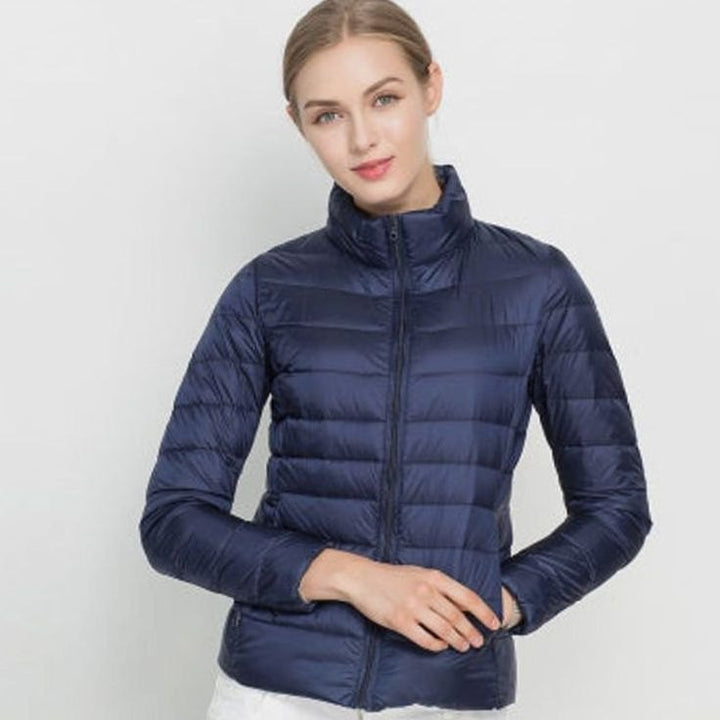 Women's Slim-Fit Lightweight Puffer Winter Coat Stand Collar - Navy Blue