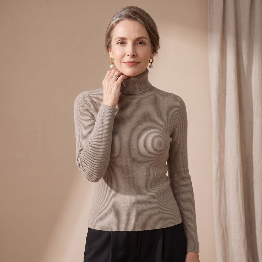 Women's Slim-Fit Ribbed Turtleneck Knit Sweater - Dark Coffee