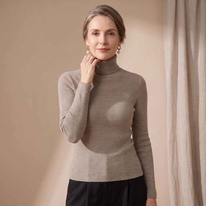 Women's Slim-Fit Ribbed Turtleneck Knit Sweater - Dark Coffee