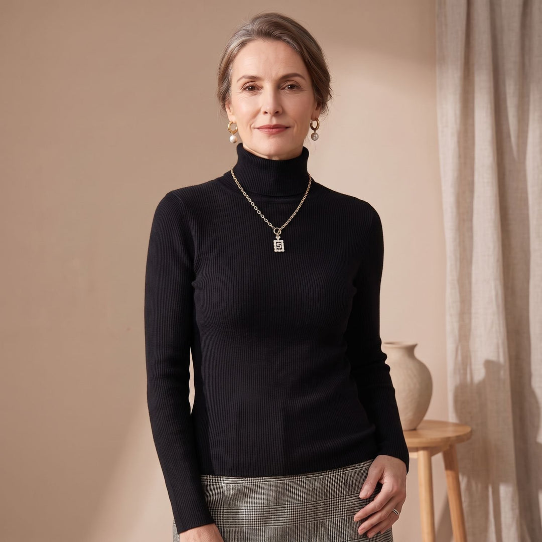 Women's Slim-Fit Ribbed Turtleneck Knit Sweater - Black