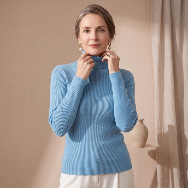 Women's Slim-Fit Ribbed Turtleneck Knit Sweater - Lake Blue