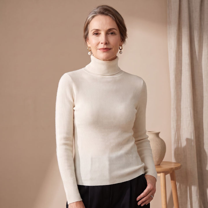 Women's Slim-Fit Ribbed Turtleneck Knit Sweater - Beige