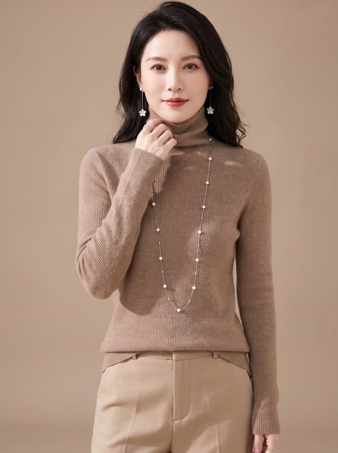 Women's Slim-Fit Ribbed Turtleneck Sweater - Beige Taupe