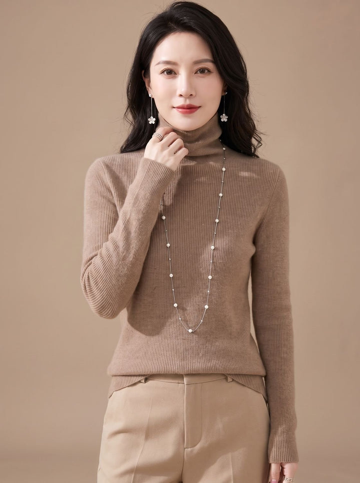 Women's Slim-Fit Ribbed Turtleneck Sweater - Beige Taupe