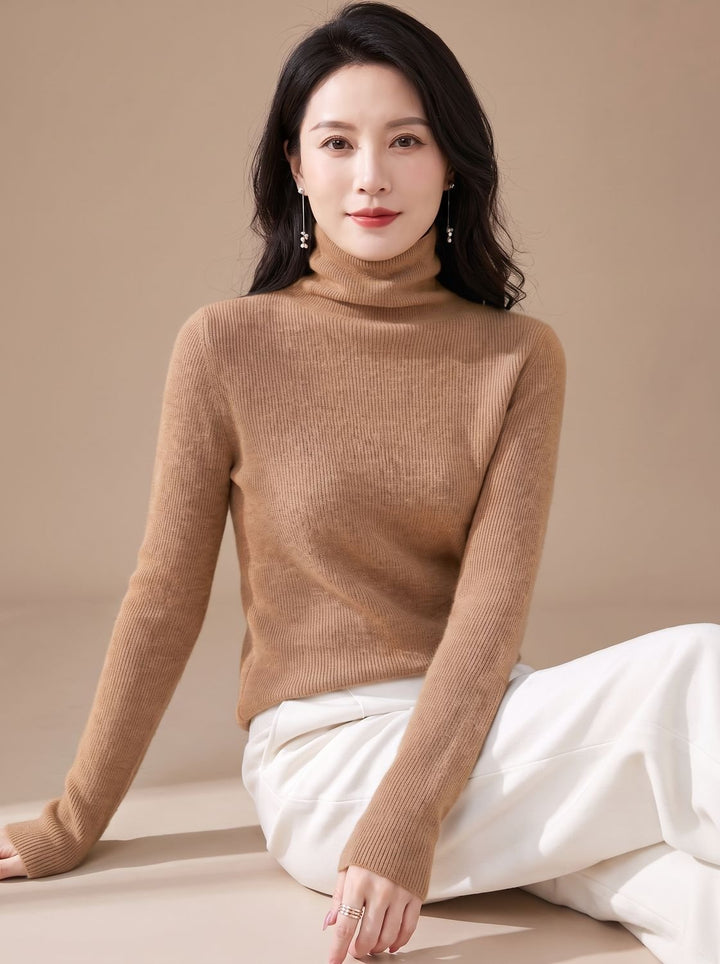 Women's Slim-Fit Ribbed Turtleneck Sweater - Gold Sand Camel