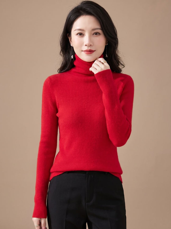 Women's Slim-Fit Ribbed Turtleneck Sweater - Cherry Red