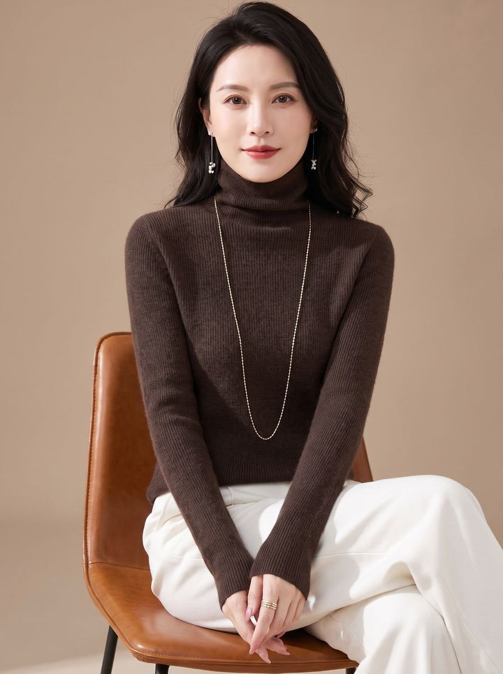 Women's Slim-Fit Ribbed Turtleneck Sweater - Silk Fog Brown
