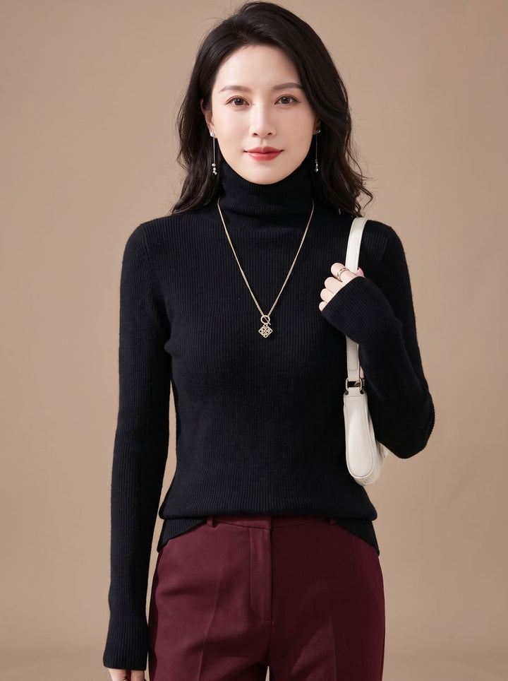 Women's Slim-Fit Ribbed Turtleneck Sweater - Classic Black