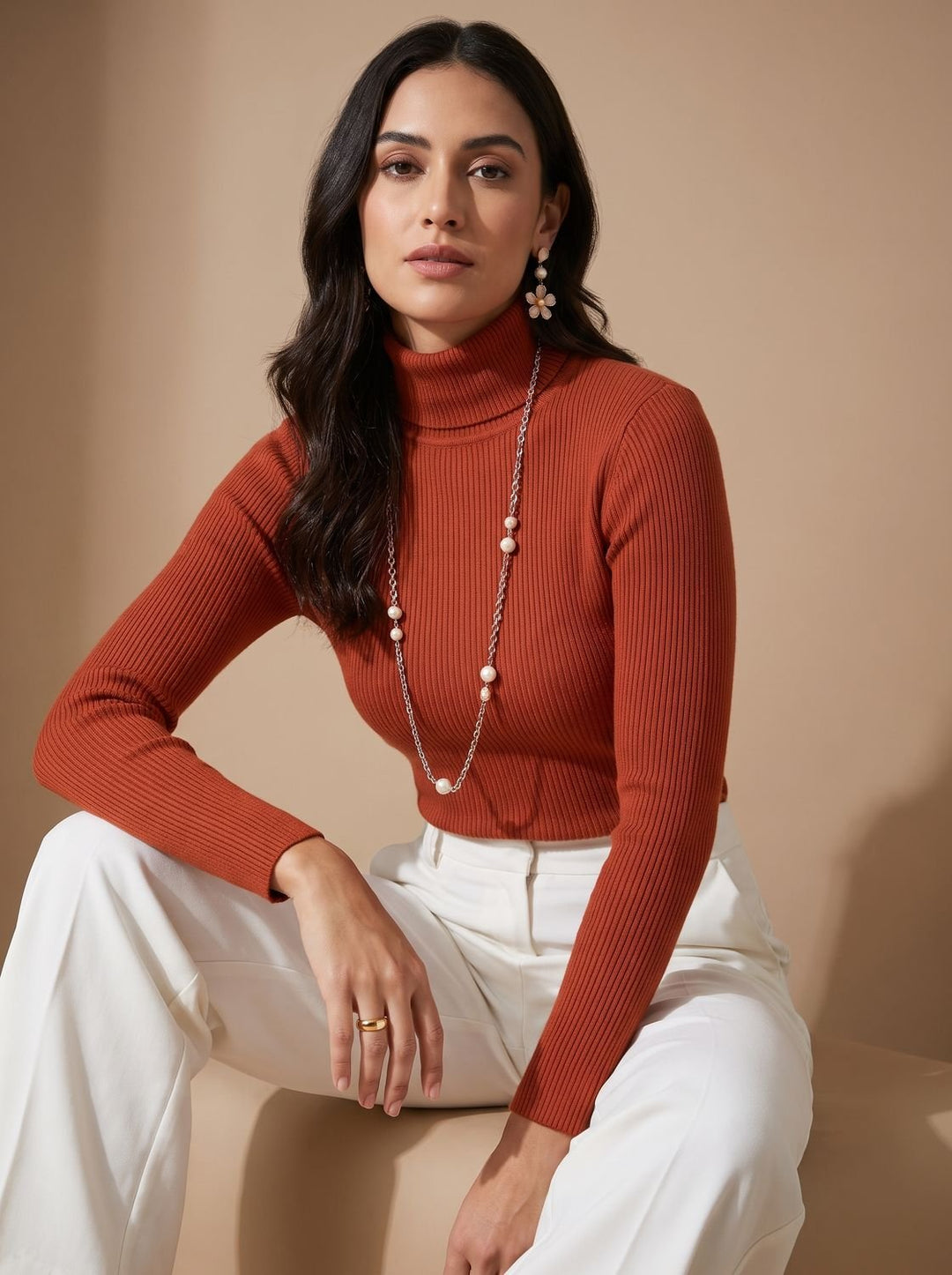 Women's Slim-Fit Ribbed Turtleneck Sweater - Light Caramel