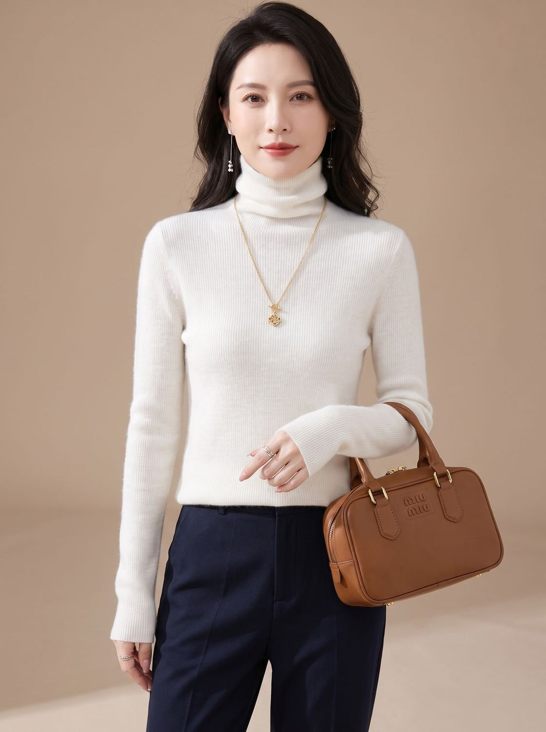 Women's Slim-Fit Ribbed Turtleneck Sweater - Ivory White