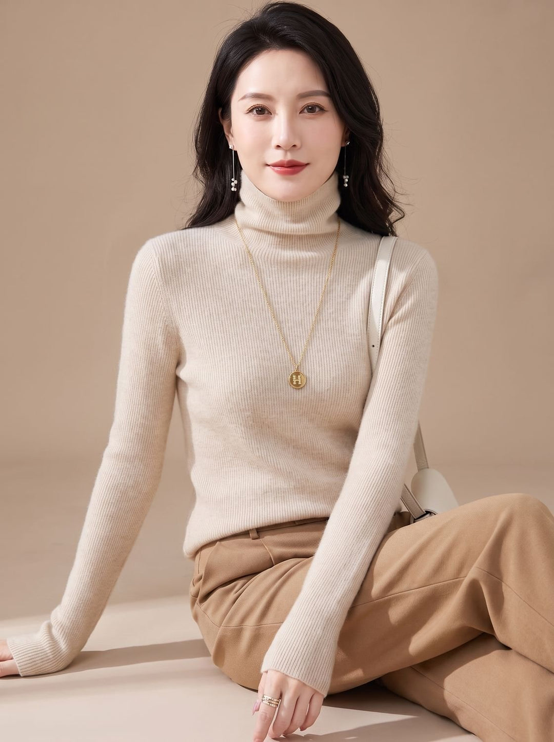 Women's Slim-Fit Ribbed Turtleneck Sweater - Suede Beige