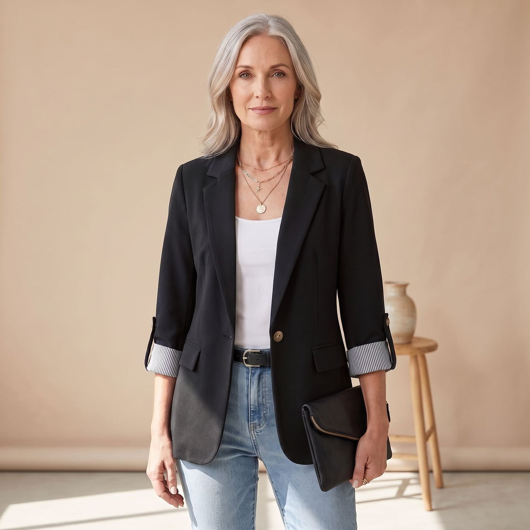 Women's Slim-Fit Rolled-Sleeve Business Casual Blazer - Black