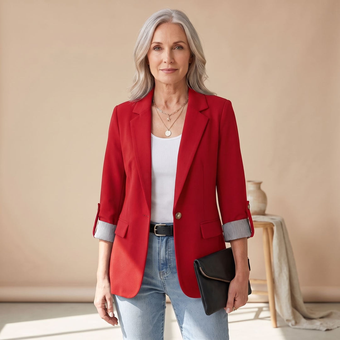 Women's Slim-Fit Rolled-Sleeve Business Casual Blazer - Red