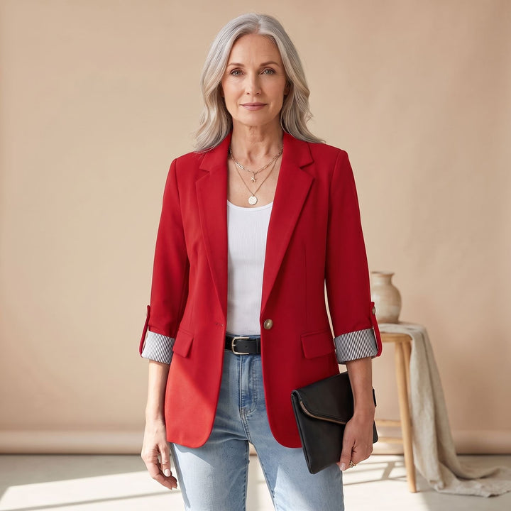 Women's Slim-Fit Rolled-Sleeve Business Casual Blazer - Red