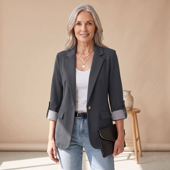 Women's Slim-Fit Rolled-Sleeve Business Casual Blazer - Gray
