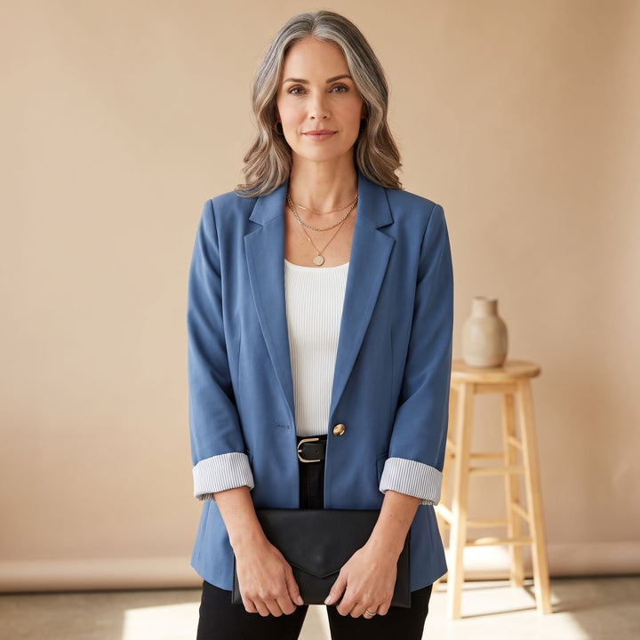 Women's Slim-Fit Rolled-Sleeve Business Casual Blazer - Light Blue