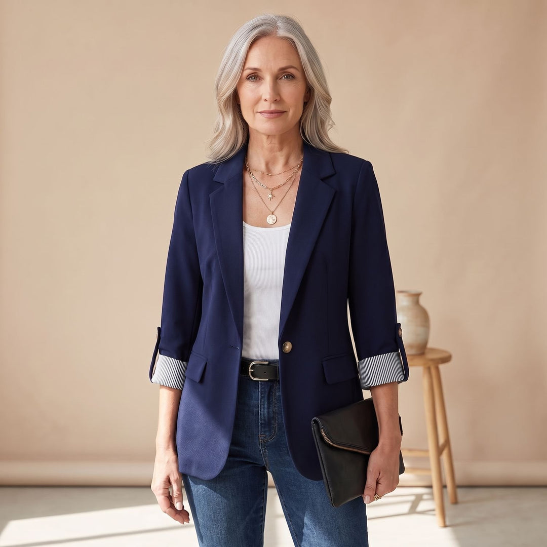 Women's Slim-Fit Rolled-Sleeve Business Casual Blazer - Navy Blue