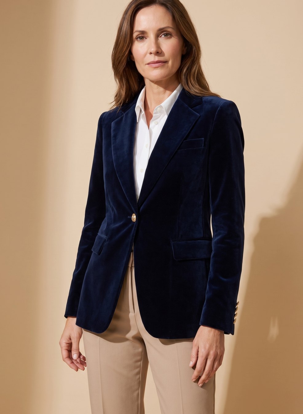 Women's Slim-Fit Velvet Gold-Button Blazer - Dark Navy Blue